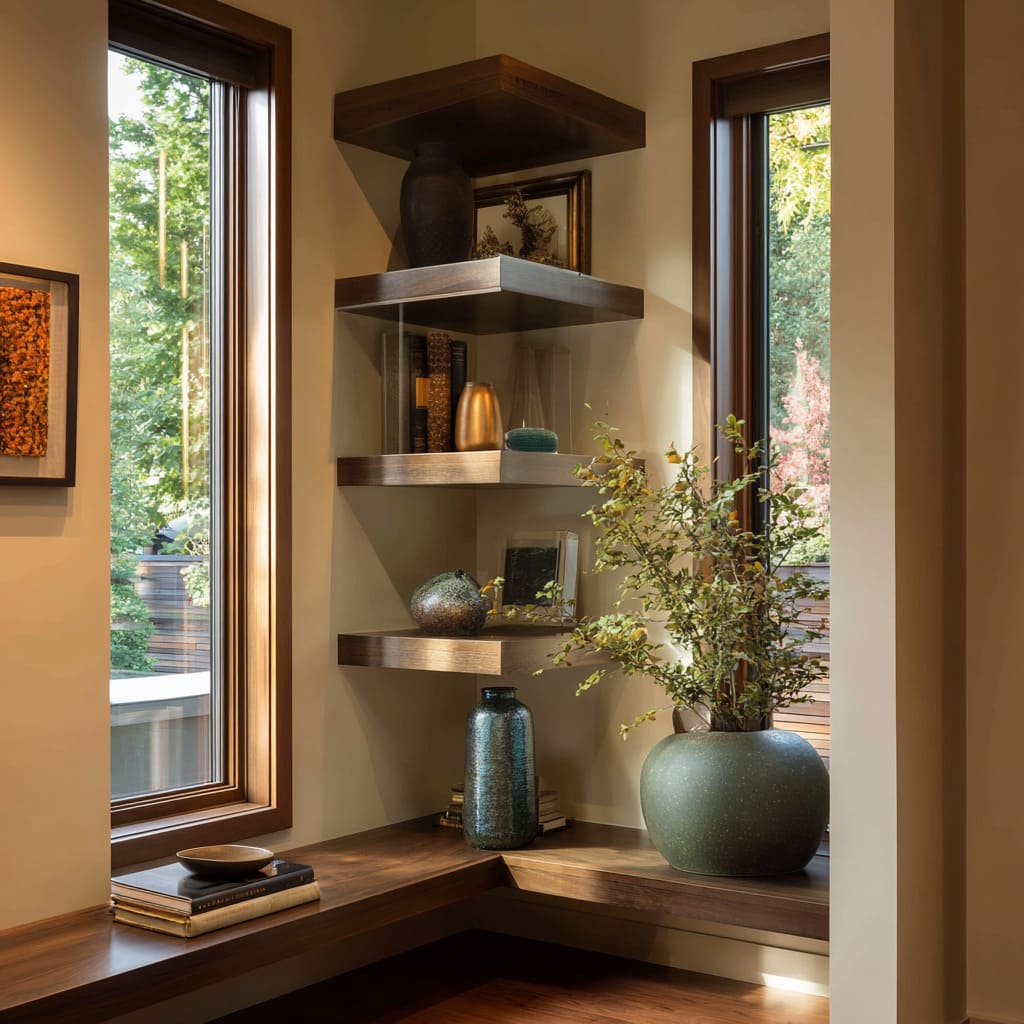 Chunky L-shelves design with clear side fins, window bench, glazed vases, bronze and glass decor Chunky L-shelves design with clear side fins, window bench, glazed vases, bronze and glass decor