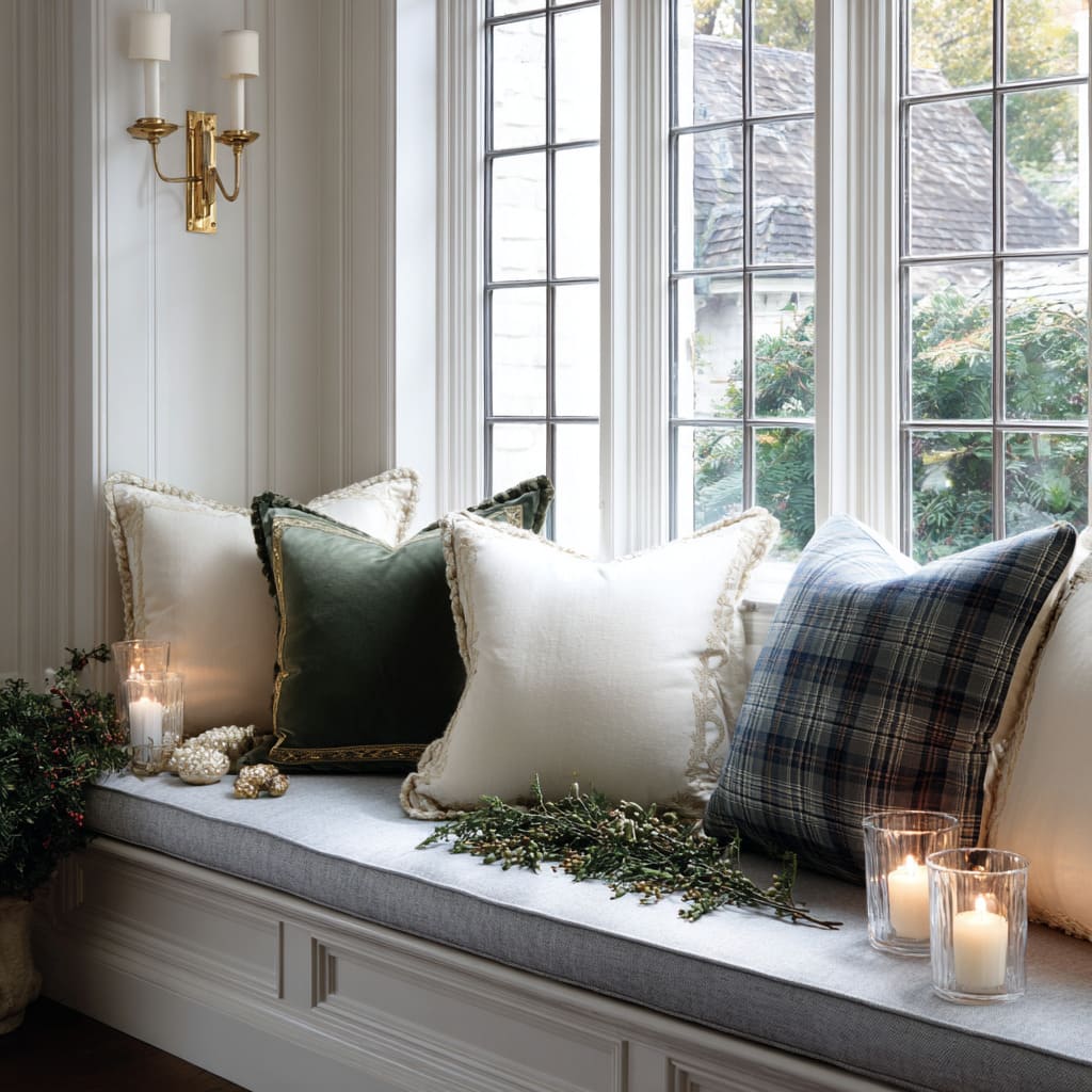 Idea clásica para mirador con cojín gris, mezcla de cojines en marfil, terciopelo verde y tartán, junto con fanales de cristal que aportan armonía festiva formal. Idea clásica para mirador con cojín gris, mezcla de cojines en marfil, terciopelo verde y tartán, junto con fanales de cristal que aportan armonía festiva formal.