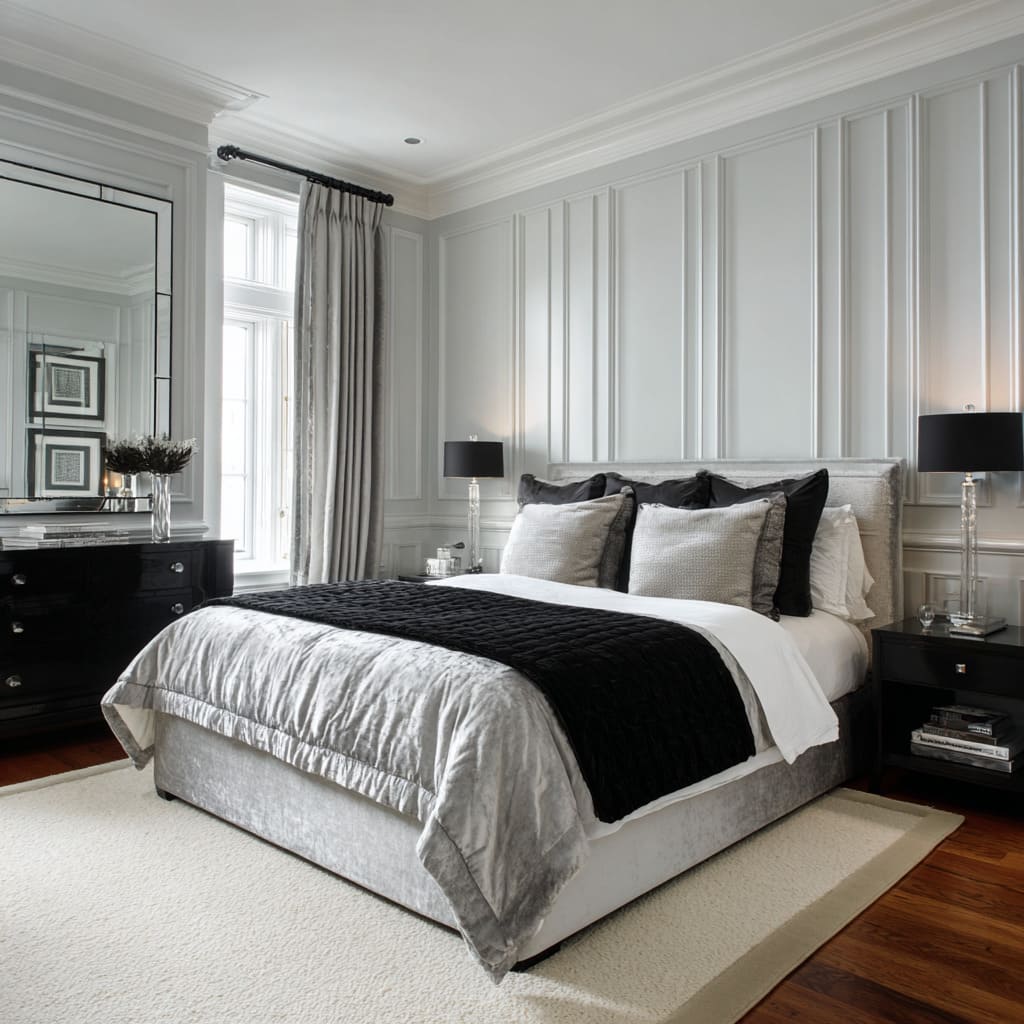 Classic black and silver bedroom concept with tufted silver velvet headboard, paneled walls, grey drapery Classic black and silver bedroom concept with tufted silver velvet headboard, paneled walls, grey drapery