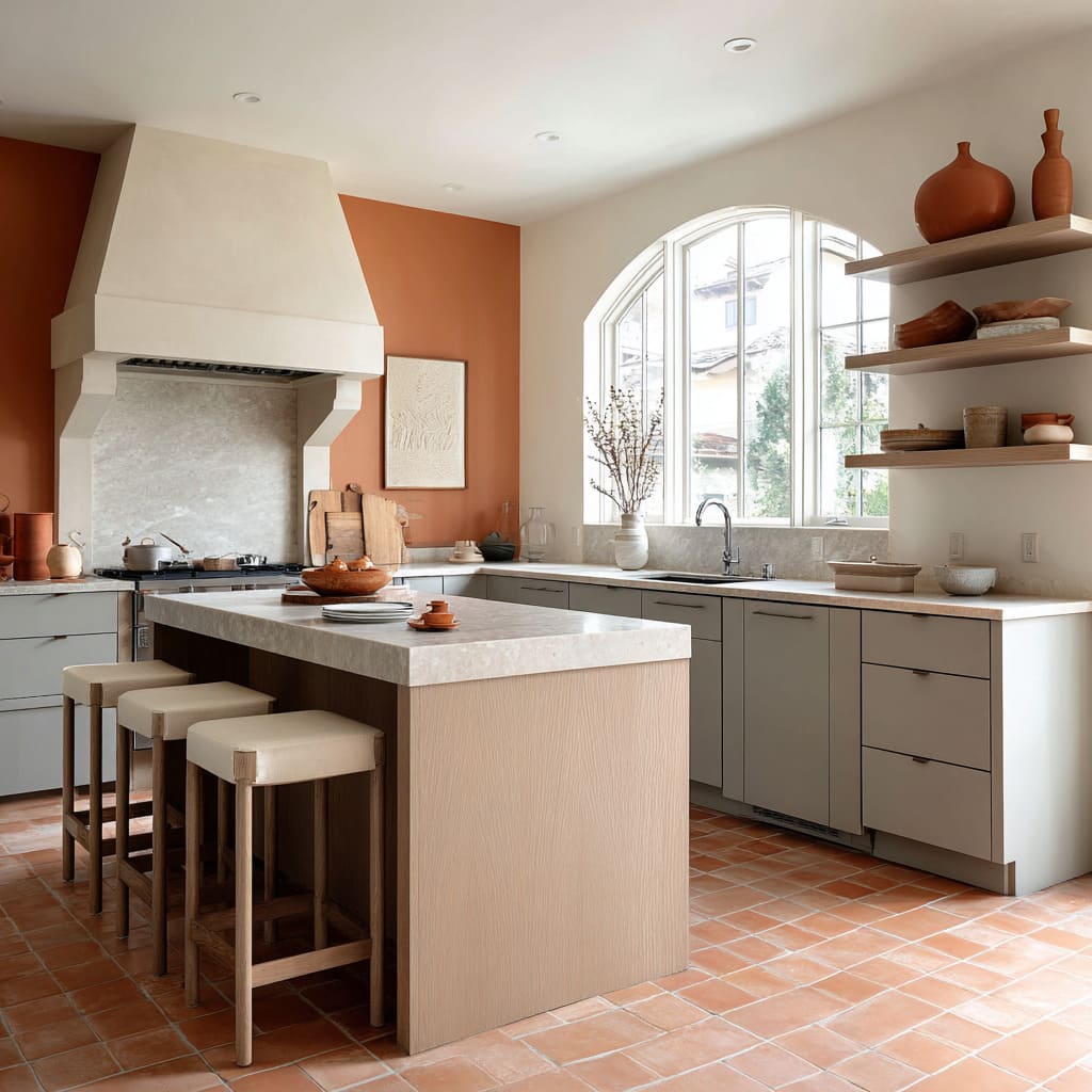 Classic square terracotta floor design ideas with soft grey cabinets and terracotta feature wall Classic square terracotta floor design ideas with soft grey cabinets and terracotta feature wall