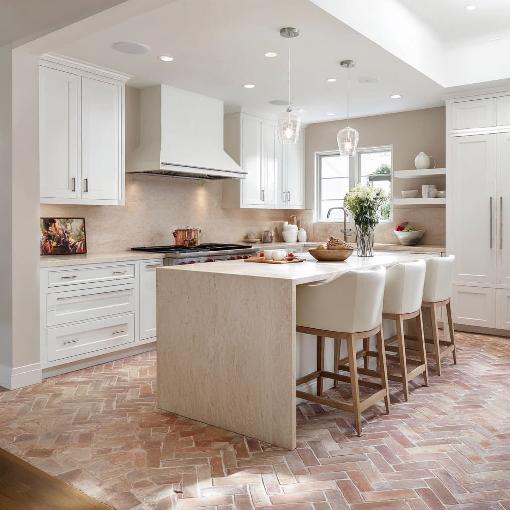 Concepto clásico de cocina shaker blanca con suelo de terracota en espiga con acabado encalado, encimeras de piedra clara e isla tipo cascada Concepto clásico de cocina shaker blanca con suelo de terracota en espiga con acabado encalado, encimeras de piedra clara e isla tipo cascada