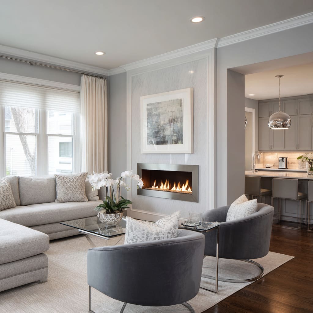 Classy silver-grey family room ideas with pale wall, smoke-velvet swivel chairs, glass coffee table Classy silver-grey family room ideas with pale wall, smoke-velvet swivel chairs, glass coffee table