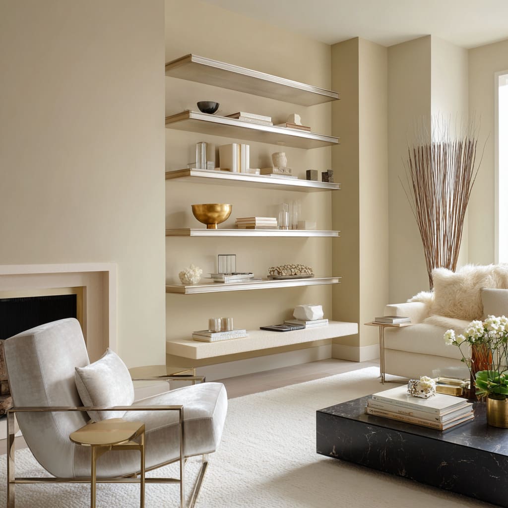 Clean modern living room ideas with floating shelves edged in stainless, brass accent bowl, brushed steel seating frames Clean modern living room ideas with floating shelves edged in stainless, brass accent bowl, brushed steel seating frames