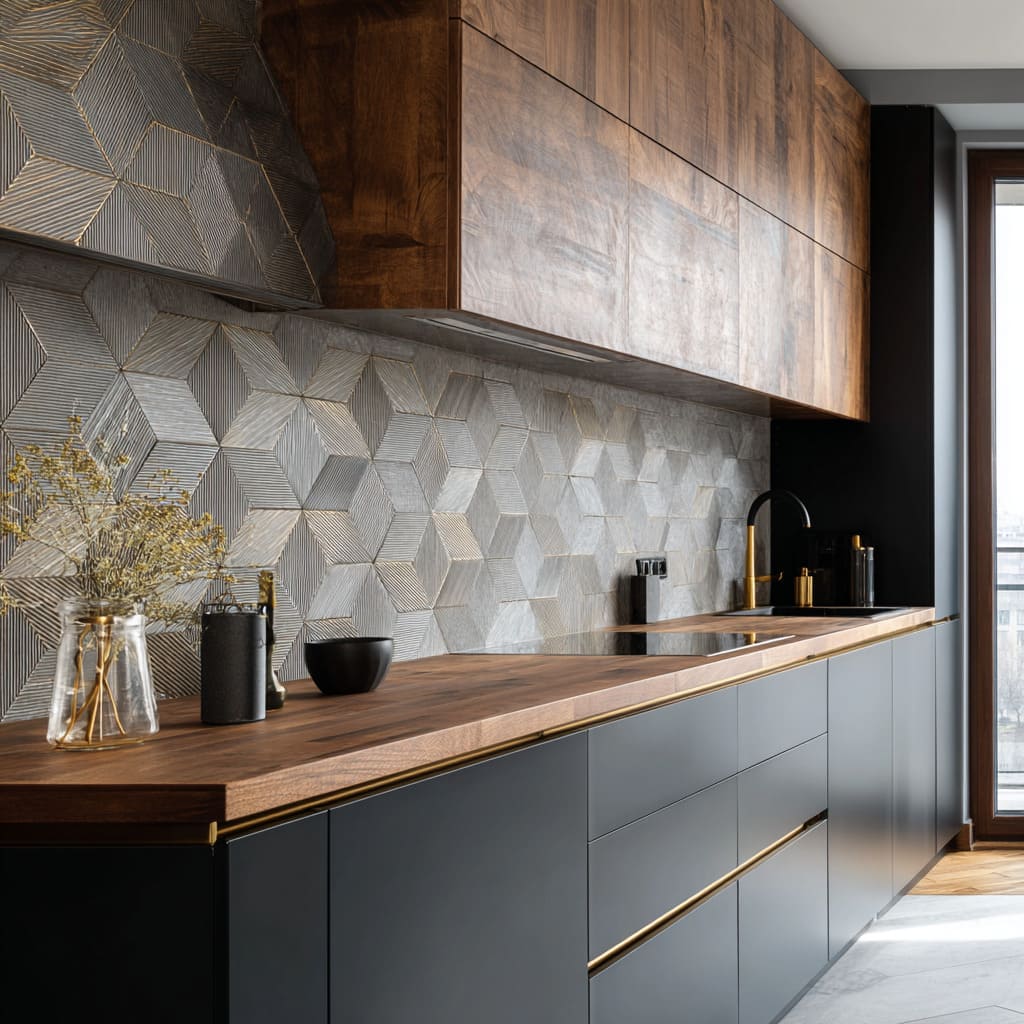 Cloudy grey relief hexagon tiles design with shifting grooves and subtle brass lines behind walnut uppers