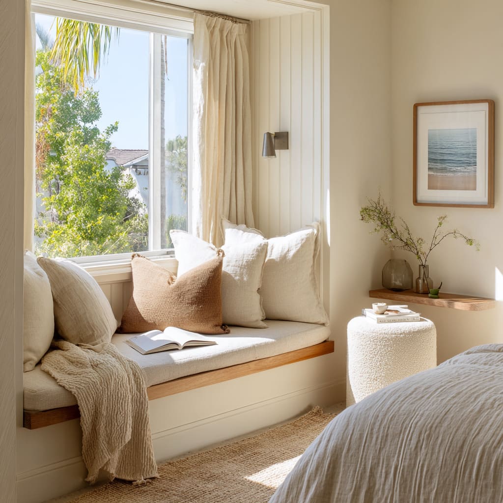 Rincón costero para dormitorio con paredes de friso, repisita curva, cojines suaves y arte de estilo marino Rincón costero para dormitorio con paredes de friso, repisita curva, cojines suaves y arte de estilo marino