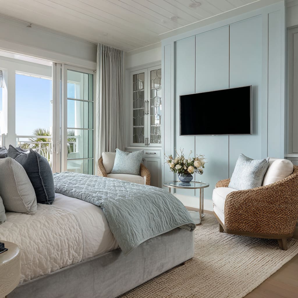 Coastal blue and silver bedroom concept with woven chairs, glass cabinet fronts, and gentle daylight Coastal blue and silver bedroom concept with woven chairs, glass cabinet fronts, and gentle daylight