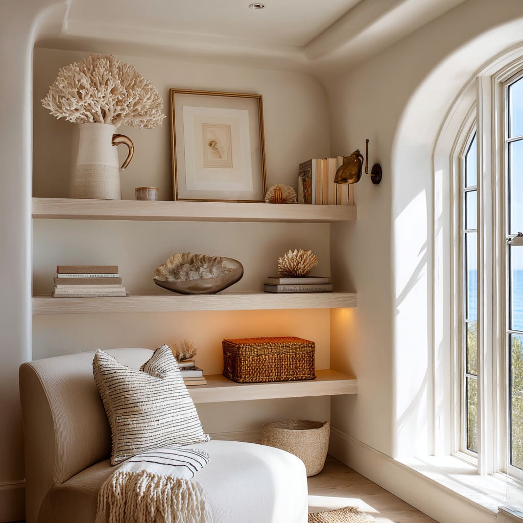 Coastal corner with ash-washed shelves setup, shells and rattan accents, under-shelf glow, curved glazing Coastal corner with ash-washed shelves setup, shells and rattan accents, under-shelf glow, curved glazing