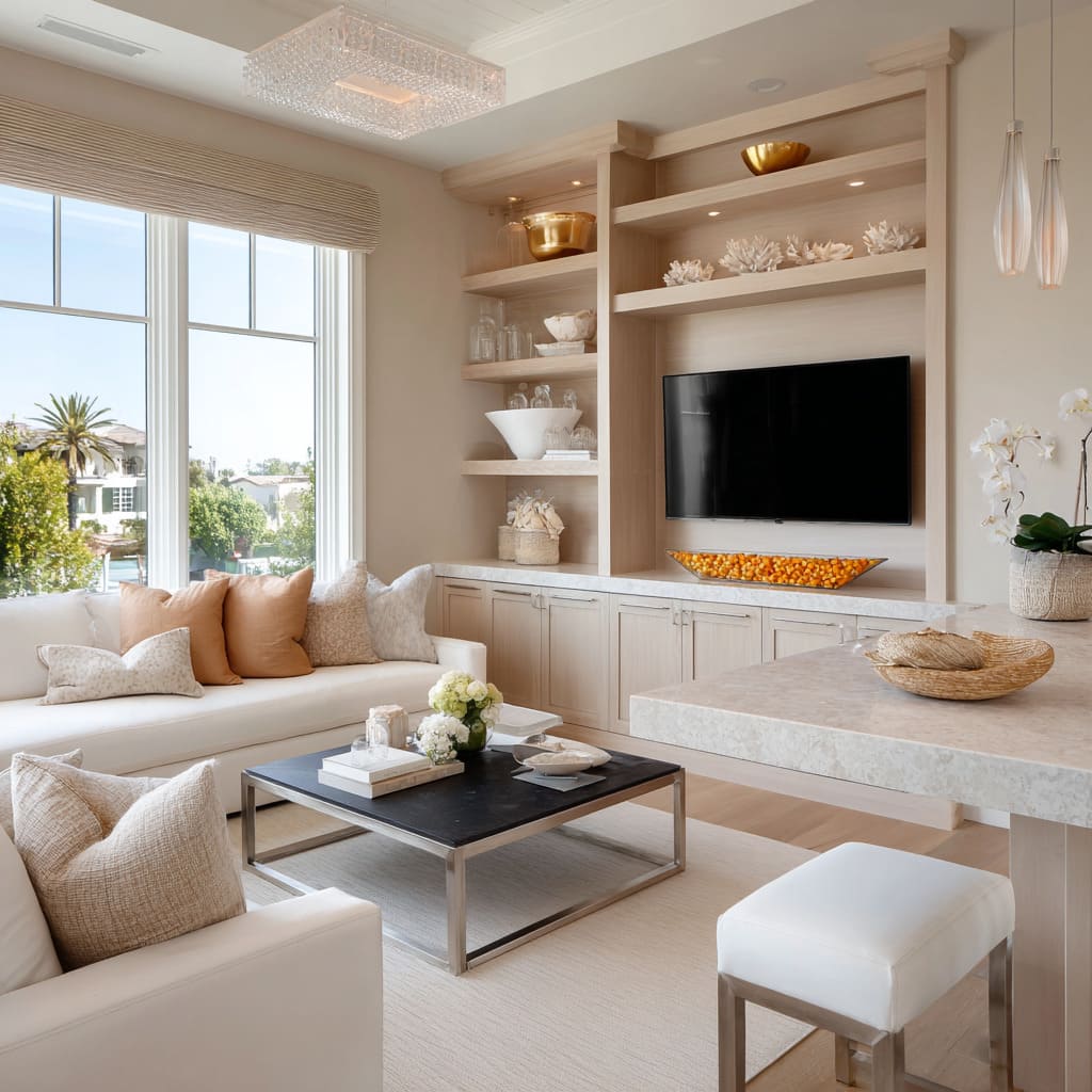 Coastal light wood and ivory drawing room design with crystal and brass decor mix, stainless base table, soft chrome pendants Coastal light wood and ivory drawing room design with crystal and brass decor mix, stainless base table, soft chrome pendants