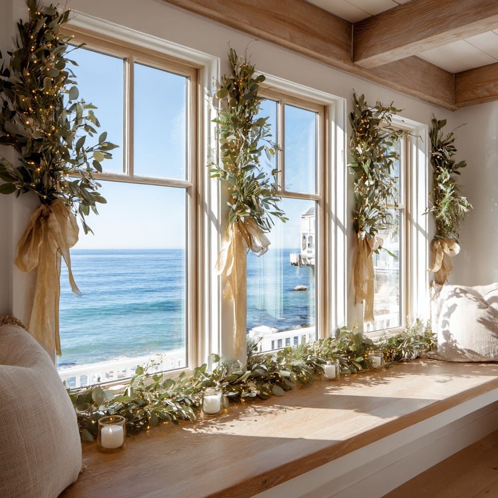 Asiento de ventana costero con guirnalda de eucalipto y caídas verticales atadas con lazos dorados, portavelas marfil y cojines de lino que evocan calma junto al mar. Asiento de ventana costero con guirnalda de eucalipto y caídas verticales atadas con lazos dorados, portavelas marfil y cojines de lino que evocan calma junto al mar.