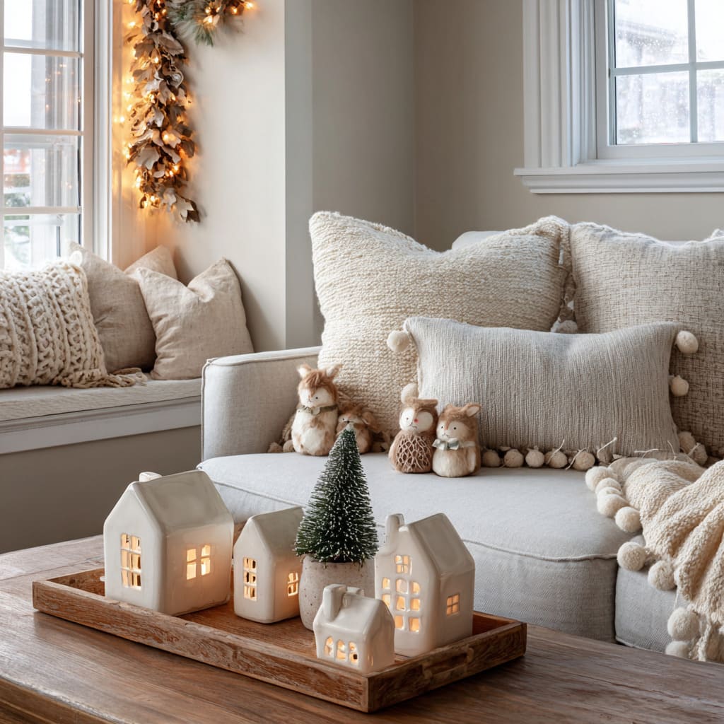 Coffee table Christmas village with glowing ceramic houses, bottle-brush tree, plush animals on a creamy sofa Coffee table Christmas village with glowing ceramic houses, bottle-brush tree, plush animals on a creamy sofa