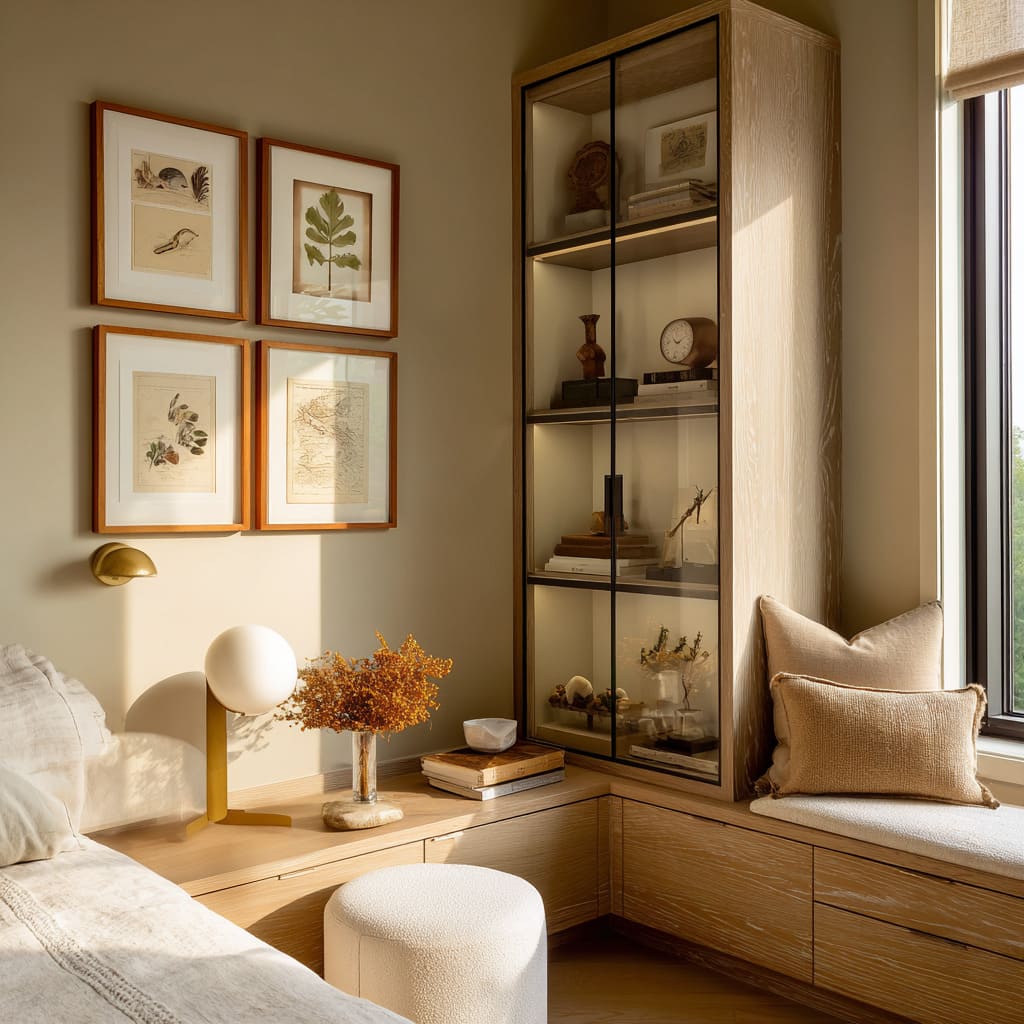 Rincón tipo coleccionista con vitrina iluminada, banco en L de roble claro, cuadrícula de arte botánico y puf Rincón tipo coleccionista con vitrina iluminada, banco en L de roble claro, cuadrícula de arte botánico y puf