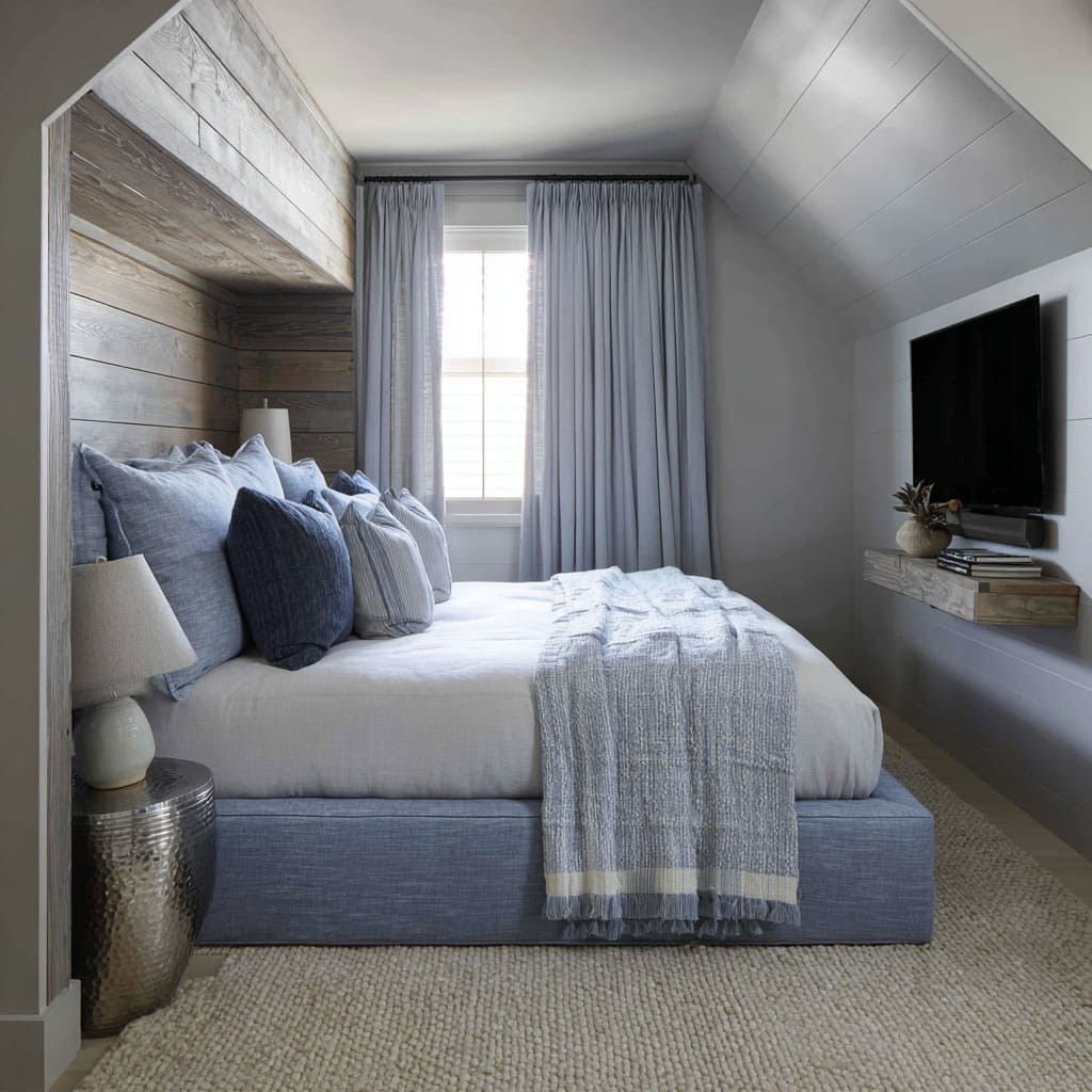 Compact attic silver and blue bedroom style with wood plank niche, powder-blue curtains, and metal drum table Compact attic silver and blue bedroom style with wood plank niche, powder-blue curtains, and metal drum table