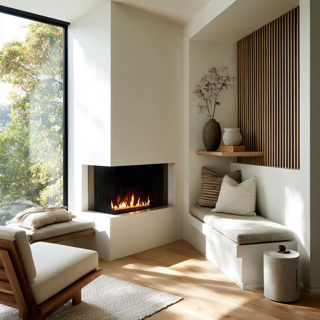 Ideas de chimenea en esquina envuelta en vidrio entre un rincón de ventana y un nicho con listones, bancos a juego Ideas de chimenea en esquina envuelta en vidrio entre un rincón de ventana y un nicho con listones, bancos a juego