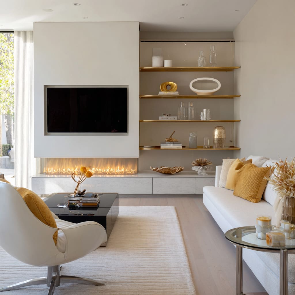 Compact modern living room design with ribbon fireplace, brass-capped glass shelves, pale stone cabinetry, chrome accents Compact modern living room design with ribbon fireplace, brass-capped glass shelves, pale stone cabinetry, chrome accents