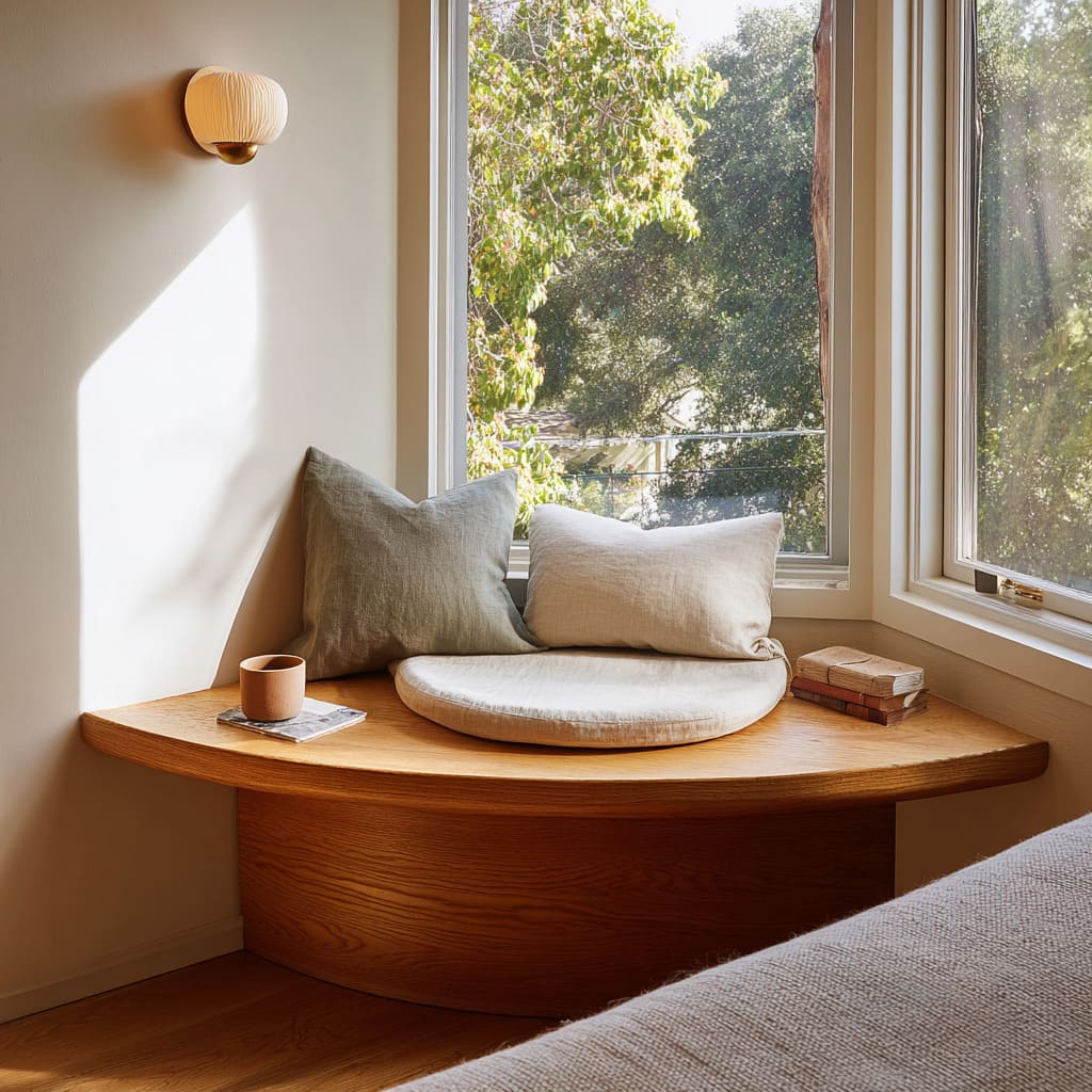 Rincón compacto para escribir con escritorio curvo de madera, taburete redondeado, lámpara suave y objetos mínimos Rincón compacto para escribir con escritorio curvo de madera, taburete redondeado, lámpara suave y objetos mínimos