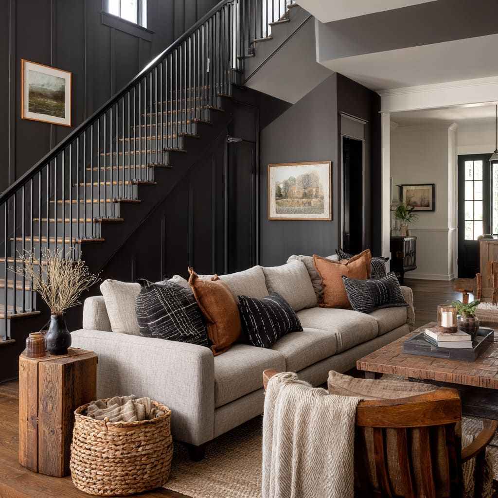 Concept with Dramatic Dark Staircase Wall With Vertical Battens, Layered Textures, Carved Furniture, and Soft Neutrals Balancing Deep Shadow Concept with Dramatic Dark Staircase Wall With Vertical Battens, Layered Textures, Carved Furniture, and Soft Neutrals Balancing Deep Shadow