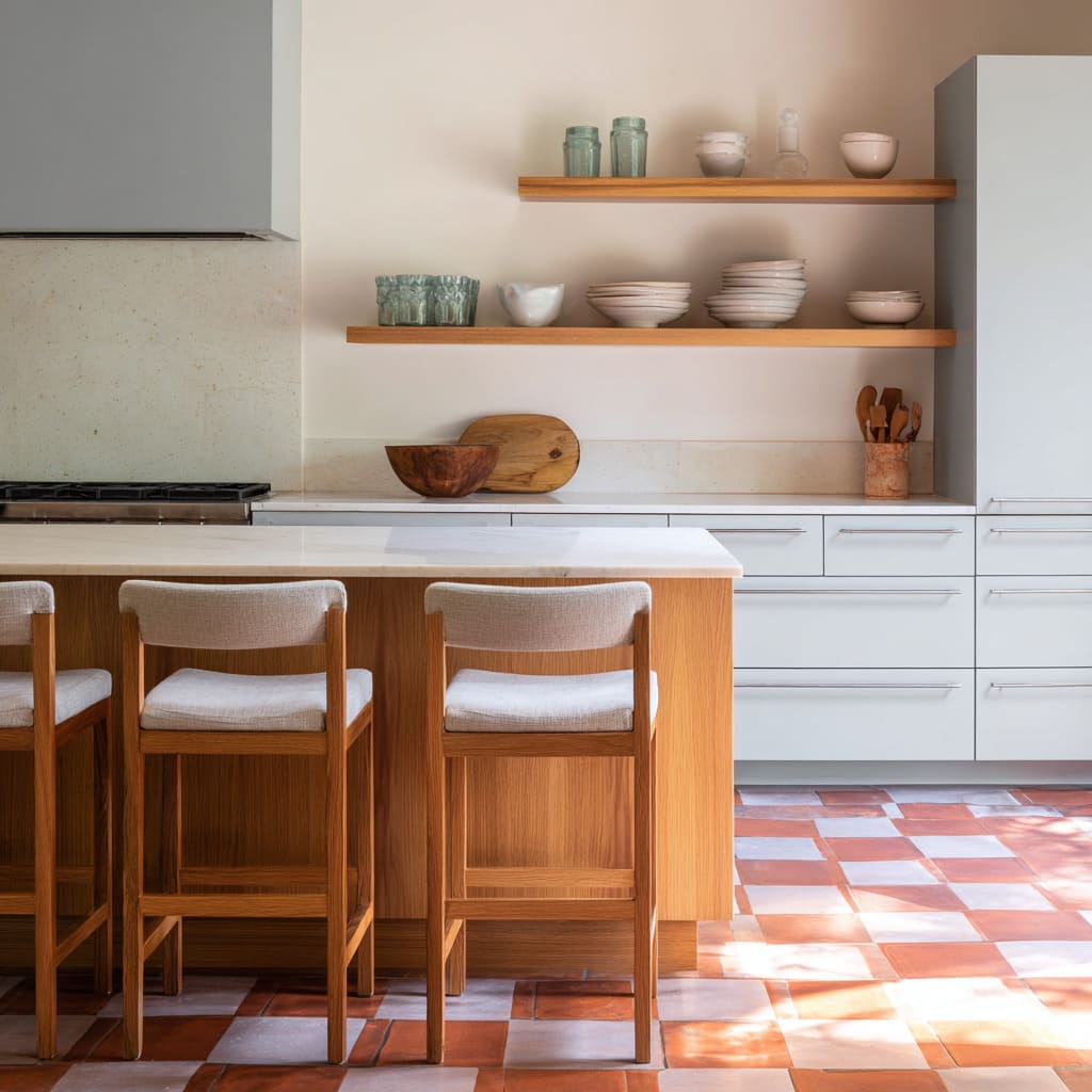 Concept with a checkerboard terracotta floor with pale grey cabinets and warm oak island Concept with a checkerboard terracotta floor with pale grey cabinets and warm oak island