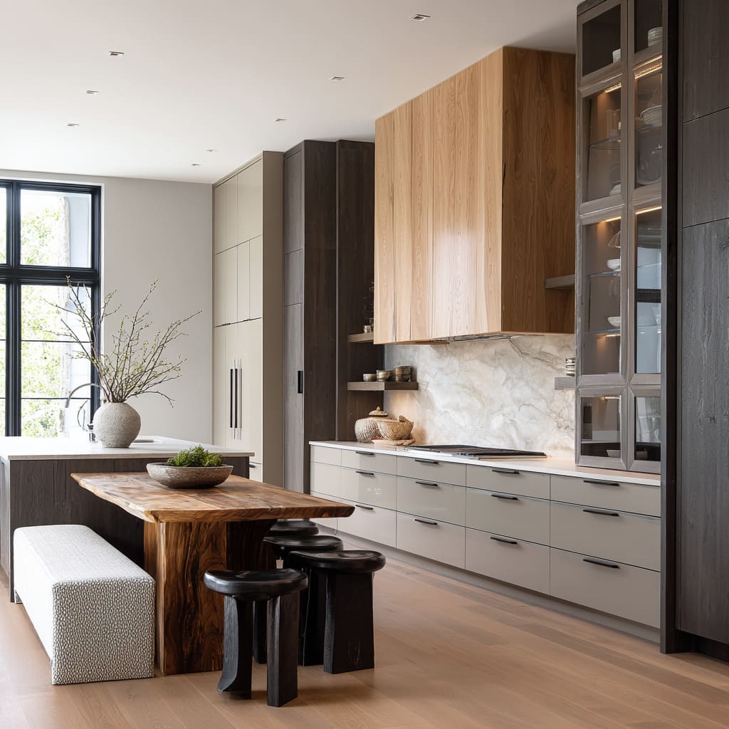 Concept with a live-edge dining table branching from a dark island, boucle bench seating, small black stools, oak hood, greige drawers Concept with a live-edge dining table branching from a dark island, boucle bench seating, small black stools, oak hood, greige drawers