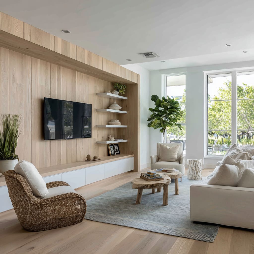 Concept with a vertical plank wall wrapping into a ceiling drop, curved sofa, rounded coffee table Concept with a vertical plank wall wrapping into a ceiling drop, curved sofa, rounded coffee table