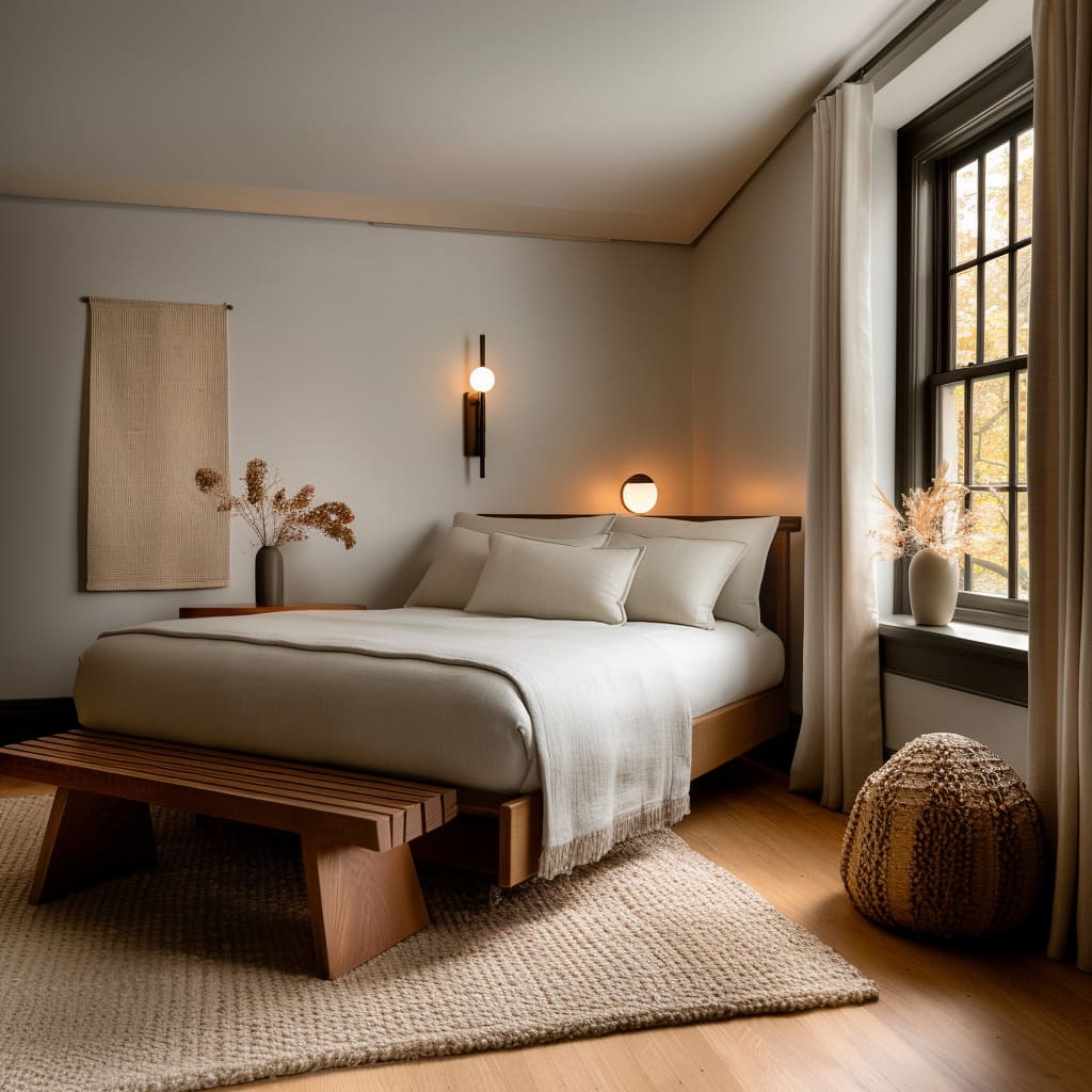 Contemporary corner bed inspiration with slight gap to window wall, globe sconces, inset bench at foot, thick-loop rug Contemporary corner bed inspiration with slight gap to window wall, globe sconces, inset bench at foot, thick-loop rug