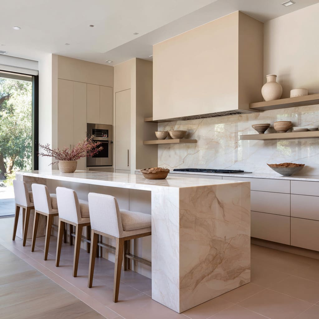 Contemporary kitchen concept with creamy porcelain island platform and soft clay-tinted floor zone Contemporary kitchen concept with creamy porcelain island platform and soft clay-tinted floor zone