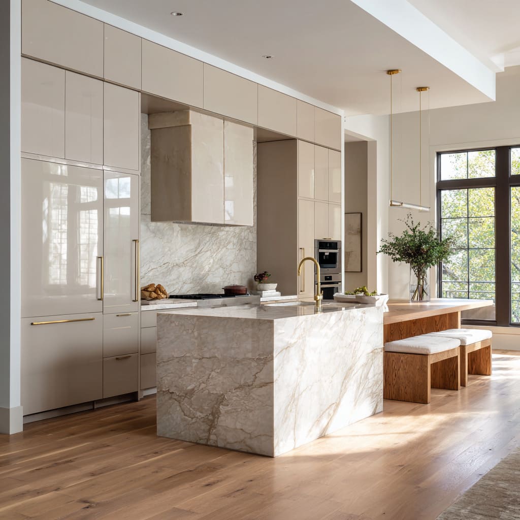 Contemporary ktchen design in creamy stone with a floating thick oak dining table, simple oak benches with white cushions Contemporary ktchen design in creamy stone with a floating thick oak dining table, simple oak benches with white cushions