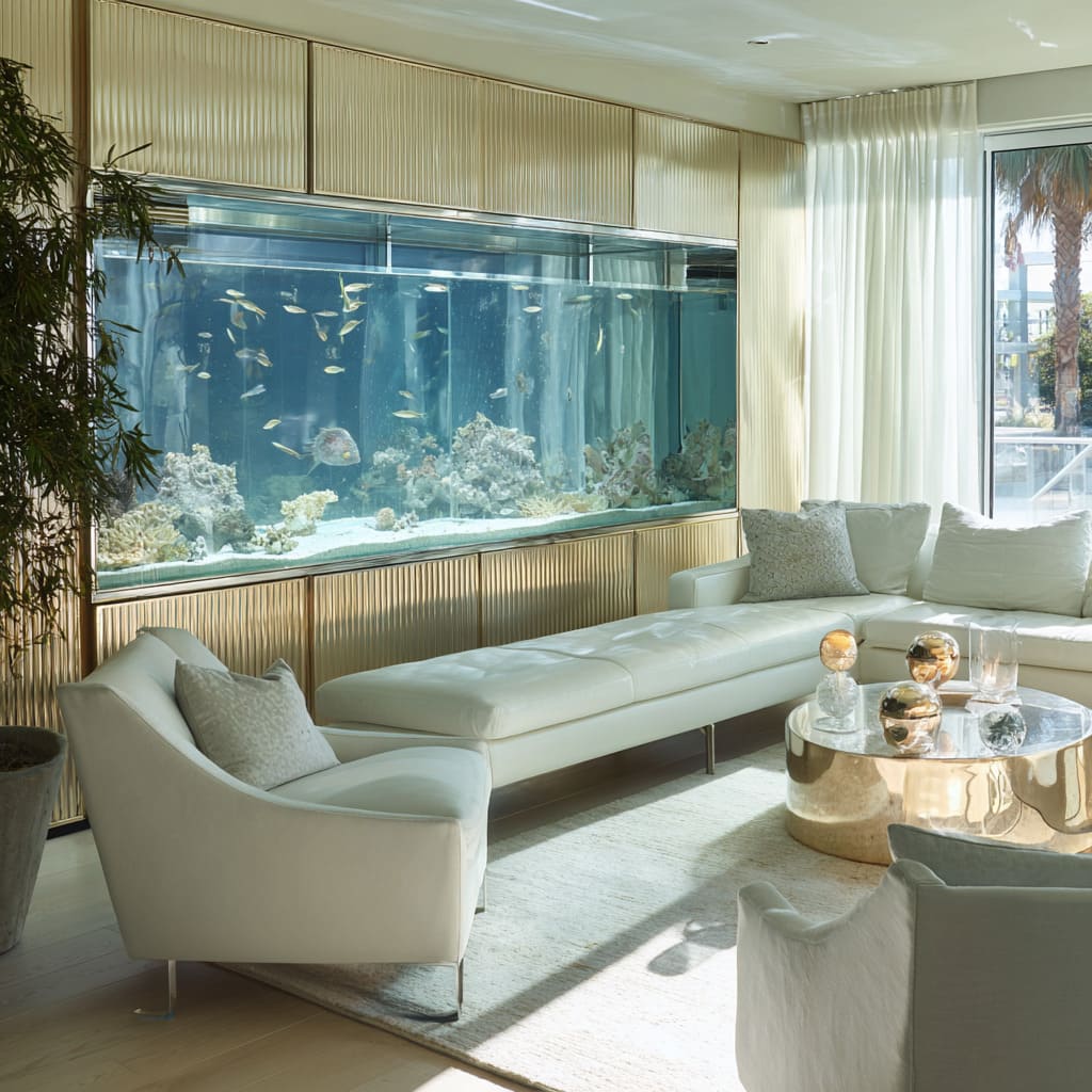 Contemporary living room concept with silver aquarium wall, champagne fluting, polished brass drum table, stainless legs Contemporary living room concept with silver aquarium wall, champagne fluting, polished brass drum table, stainless legs
