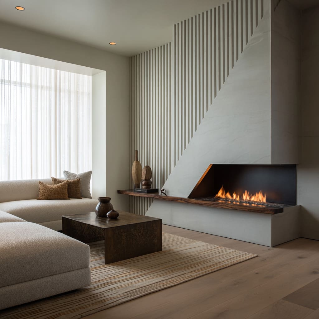 Inspiración para sala moderna con volumen diagonal en yeso, pared de madera acanalada, repisa en madera oscura, alfombra a rayas y sofá claro Inspiración para sala moderna con volumen diagonal en yeso, pared de madera acanalada, repisa en madera oscura, alfombra a rayas y sofá claro