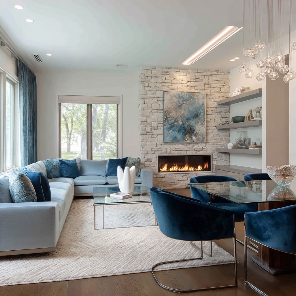 Contemporary silver and blue living room design with a pale limestone fireplace, glass cube coffee table, matte powder-blue sectional Contemporary silver and blue living room design with a pale limestone fireplace, glass cube coffee table, matte powder-blue sectional