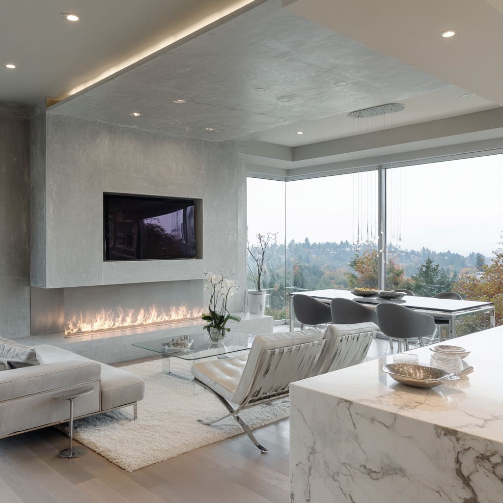 Contemporary silver-grey living room design with panoramic corner window, cove-lit ceiling Contemporary silver-grey living room design with panoramic corner window, cove-lit ceiling