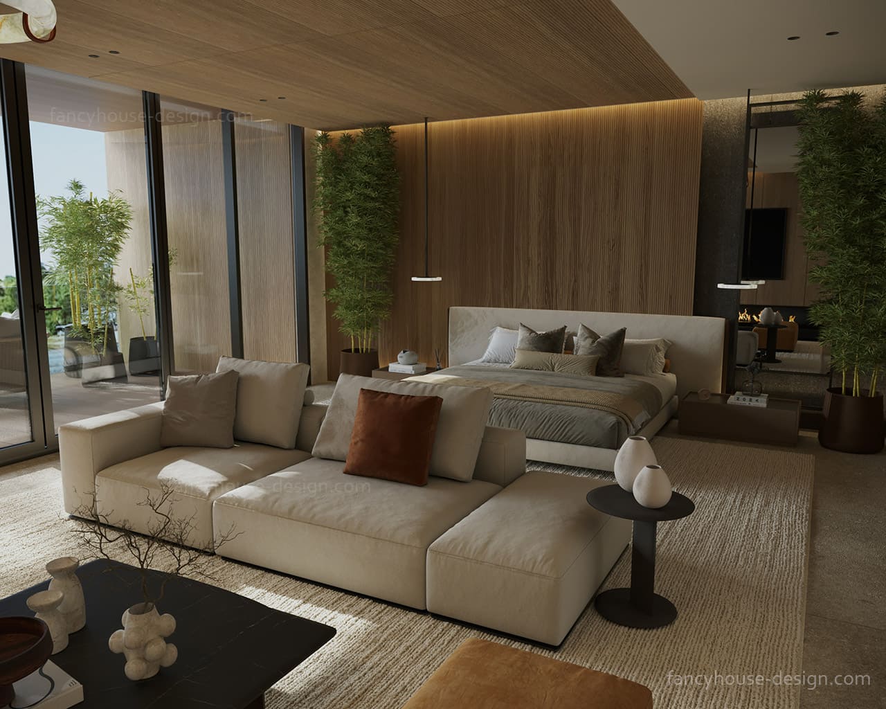 Contemporary style master bedroom interior with wood slats wall design