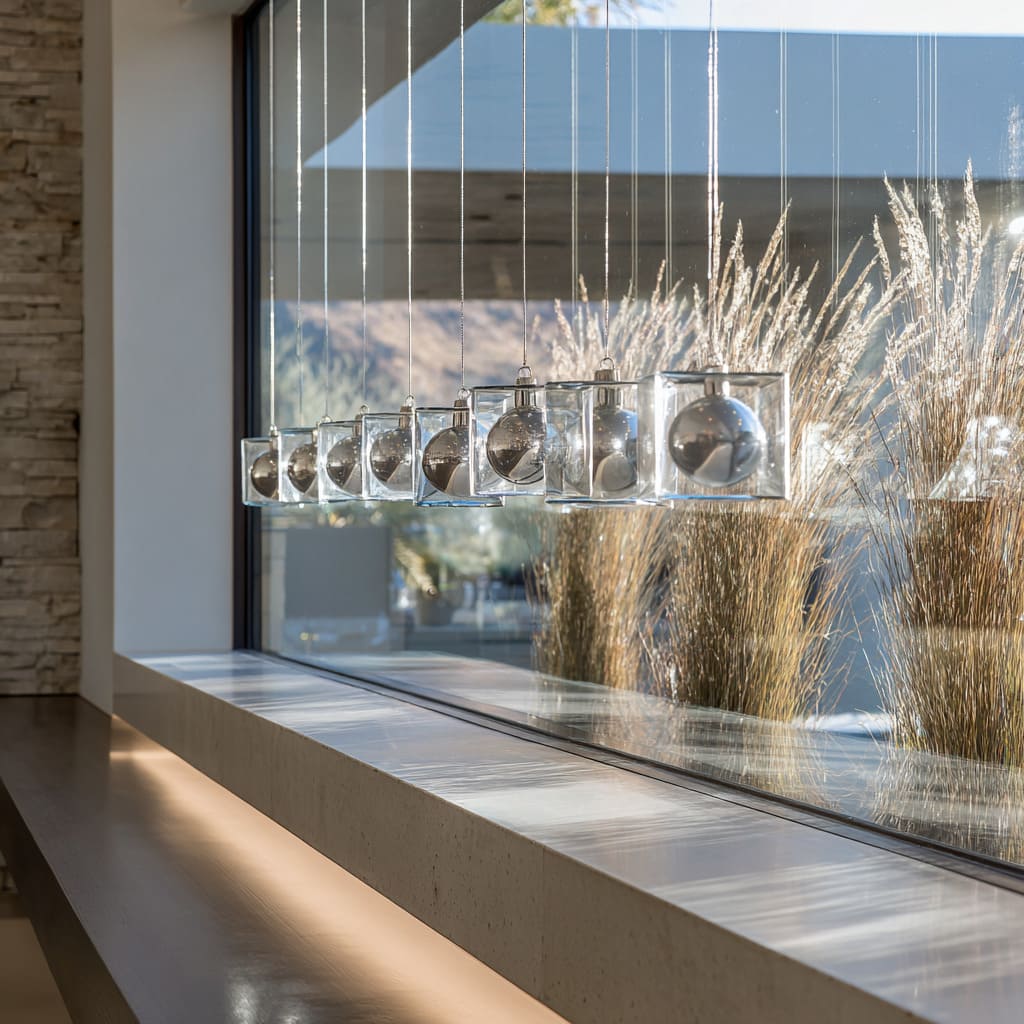 Ventana contemporánea con cubos transparentes sosteniendo adornos cromados suspendidos sobre un alféizar de piedra, creando una composición navideña geométrica y reflectante. Ventana contemporánea con cubos transparentes sosteniendo adornos cromados suspendidos sobre un alféizar de piedra, creando una composición navideña geométrica y reflectante.