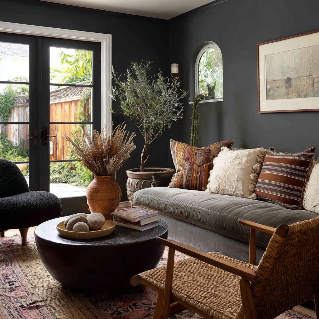 Cool Design with Deep Charcoal Walls, Weathered Rug, Layered Pillows, Curved Terracotta Vessel, and a Soft Gray Sofa With Dark Wood Seating Cool Design with Deep Charcoal Walls, Weathered Rug, Layered Pillows, Curved Terracotta Vessel, and a Soft Gray Sofa With Dark Wood Seating