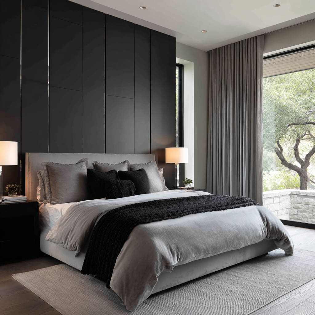 Cool black and silver master bedroom inspiration with soft geometry and diffused texture Cool black and silver master bedroom inspiration with soft geometry and diffused texture