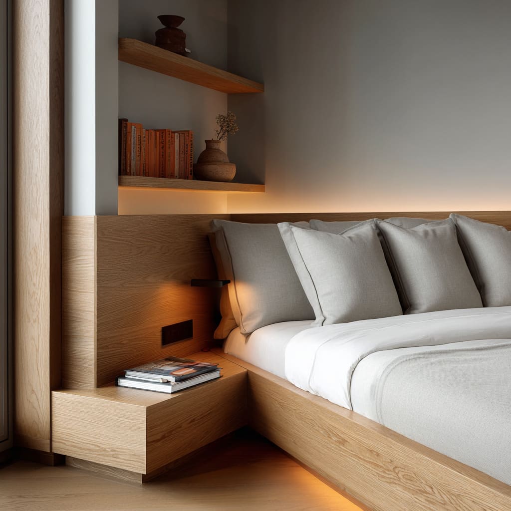 Corner daybed concept on oak platform with extended ledge, slim padded rail, corner uplight, underlit base, and light gray linen bedding for a floating look Corner daybed concept on oak platform with extended ledge, slim padded rail, corner uplight, underlit base, and light gray linen bedding for a floating look