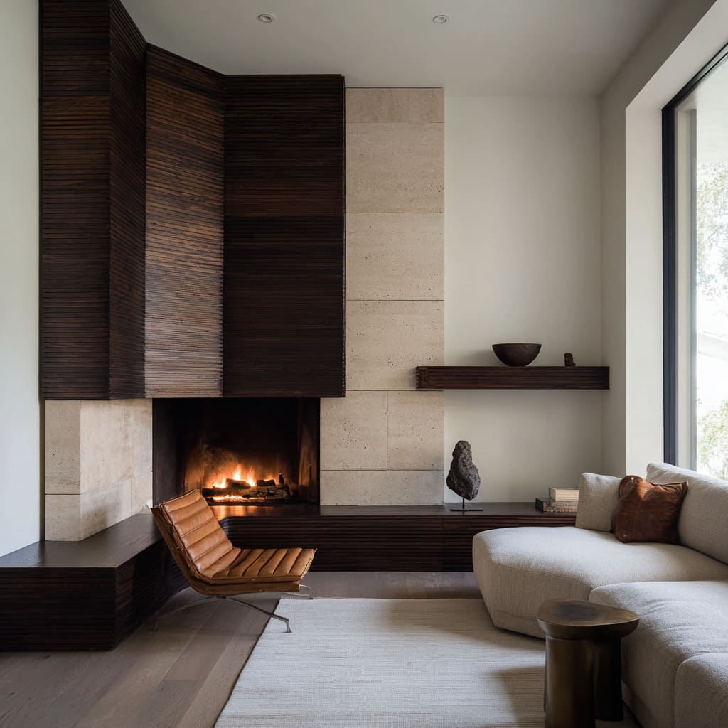 Corner fireplace design with ribbed wood wrapping and travertine slabs, low wood bench, sculptural decor, pale rug