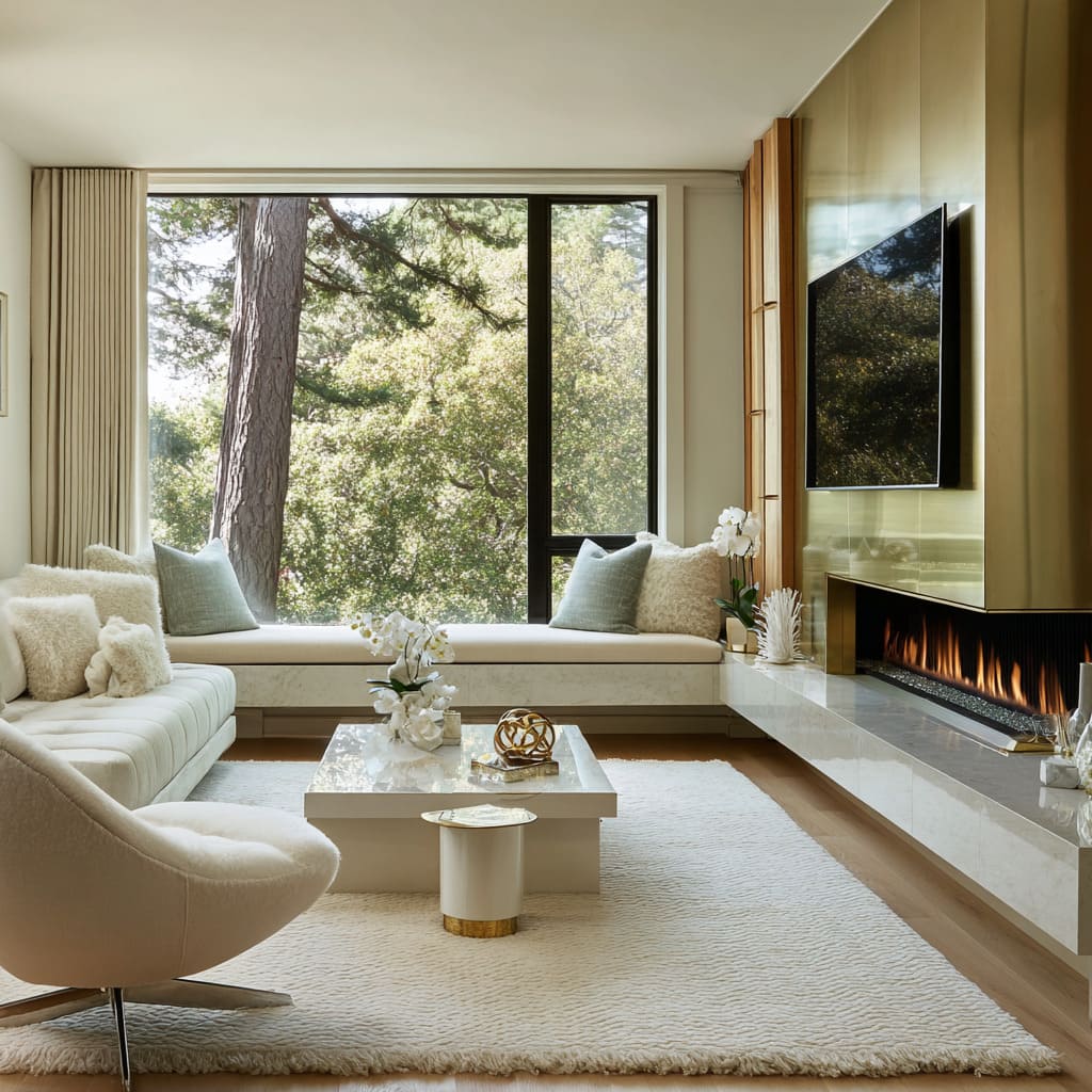 Corner gold-clad media wall design with polished brass reflecting garden light, stone hearth, silver glass tables, shag rug Corner gold-clad media wall design with polished brass reflecting garden light, stone hearth, silver glass tables, shag rug