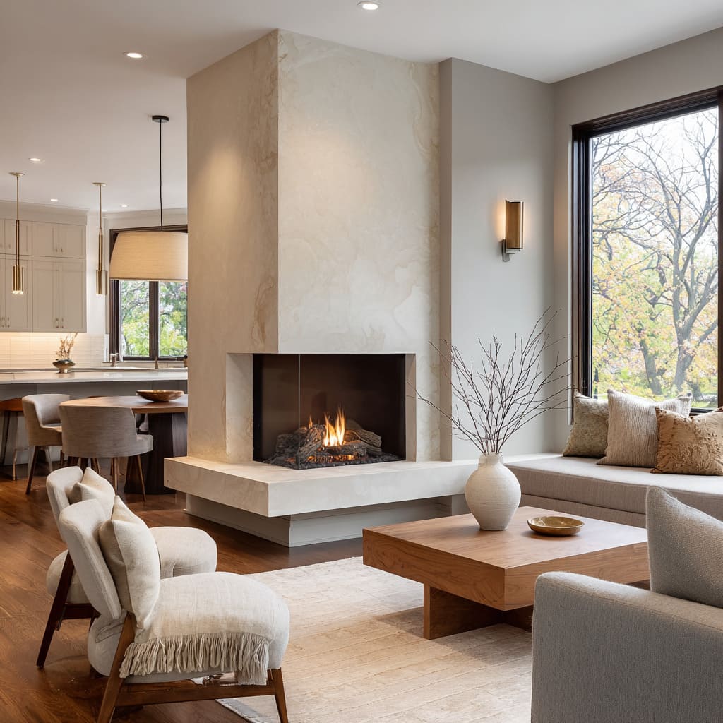 Corner stone chimney concept, floating hearth slab, window bench, boucle lounge chair, and branch vase Corner stone chimney concept, floating hearth slab, window bench, boucle lounge chair, and branch vase