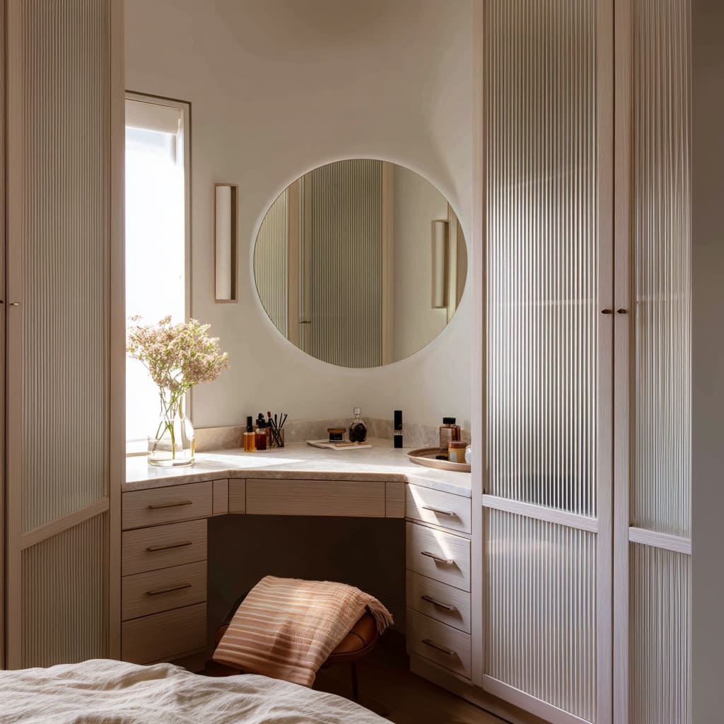 Tocador en esquina entre armarios de vidrio estriado con encimera de piedra, espejo redondo, apliques cálidos y banqueta baja Tocador en esquina entre armarios de vidrio estriado con encimera de piedra, espejo redondo, apliques cálidos y banqueta baja