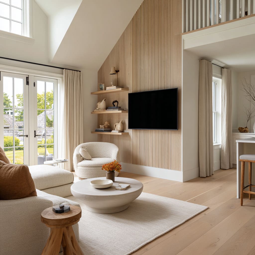 Cottage drawing room design with oak slat panel, boucle swivel, low oval table, and French doors Cottage drawing room design with oak slat panel, boucle swivel, low oval table, and French doors