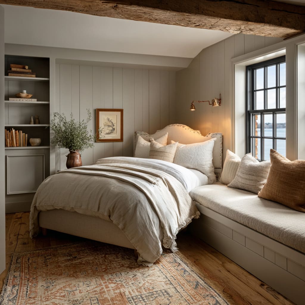 Cottage-style corner bed design with wood paneling, window seat at mattress height, swing-arm sconce Cottage-style corner bed design with wood paneling, window seat at mattress height, swing-arm sconce