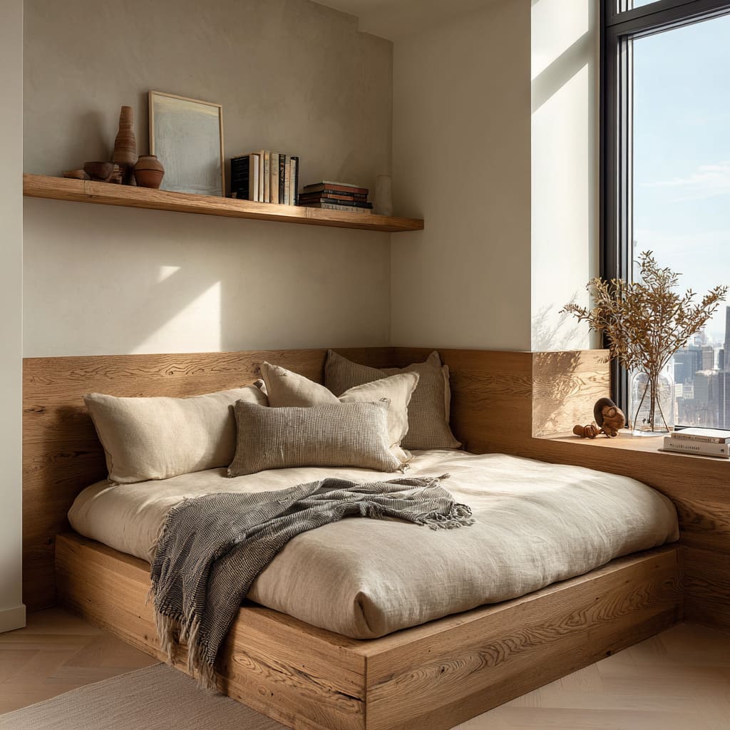 Cozy corner daybed wrapped in oak panels with a slim ledge, soft sand linens Cozy corner daybed wrapped in oak panels with a slim ledge, soft sand linens