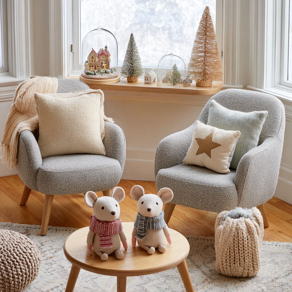 Cozy corner decorating ideas with two fabric mice in scarves on a round wood table, soft gray lounge chairs, stitched star pillow Cozy corner decorating ideas with two fabric mice in scarves on a round wood table, soft gray lounge chairs, stitched star pillow