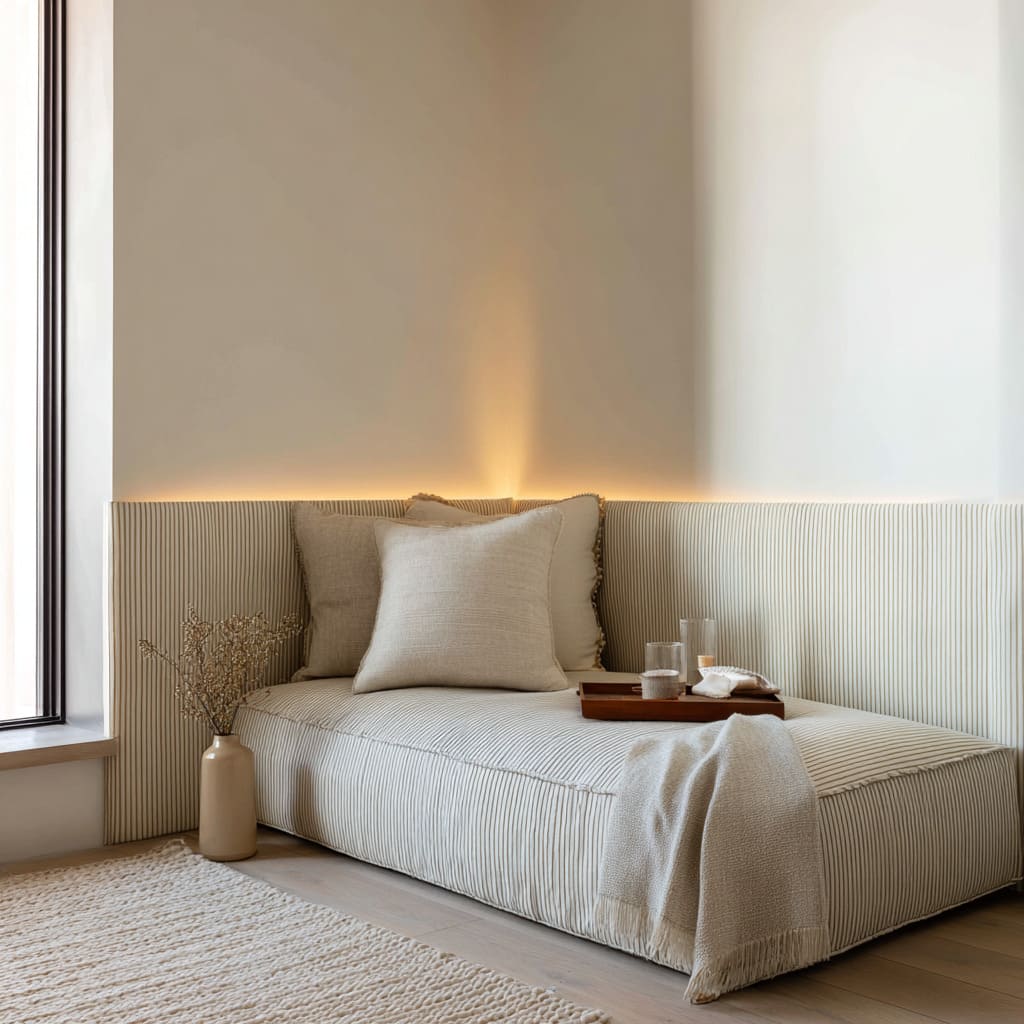 Rincón acogedor con respaldo tapizado bajo, línea de luz suave, cojín grande y alfombra tejida para descanso en dormitorio Rincón acogedor con respaldo tapizado bajo, línea de luz suave, cojín grande y alfombra tejida para descanso en dormitorio