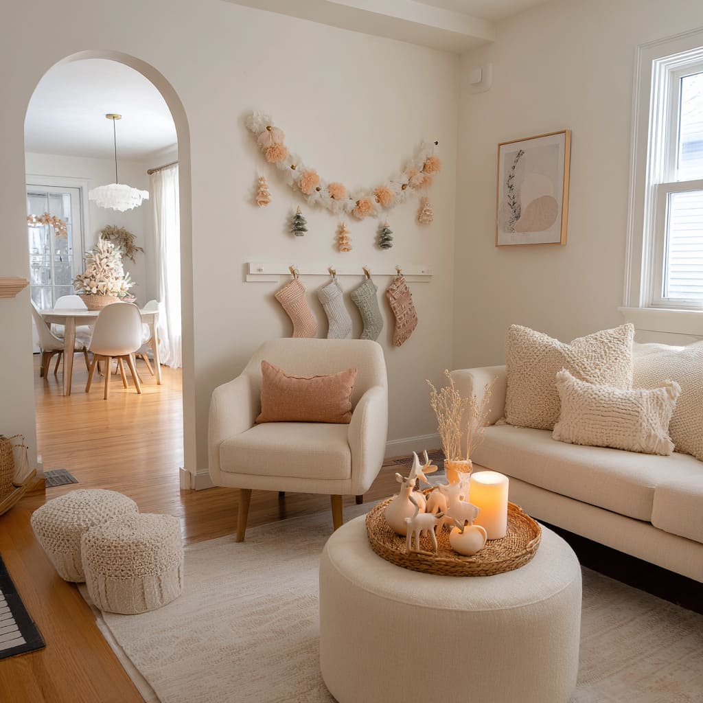 Cozy cream sitting area design with round furniture, pom-pom garland, soft pastel stockings, knitted poufs Cozy cream sitting area design with round furniture, pom-pom garland, soft pastel stockings, knitted poufs