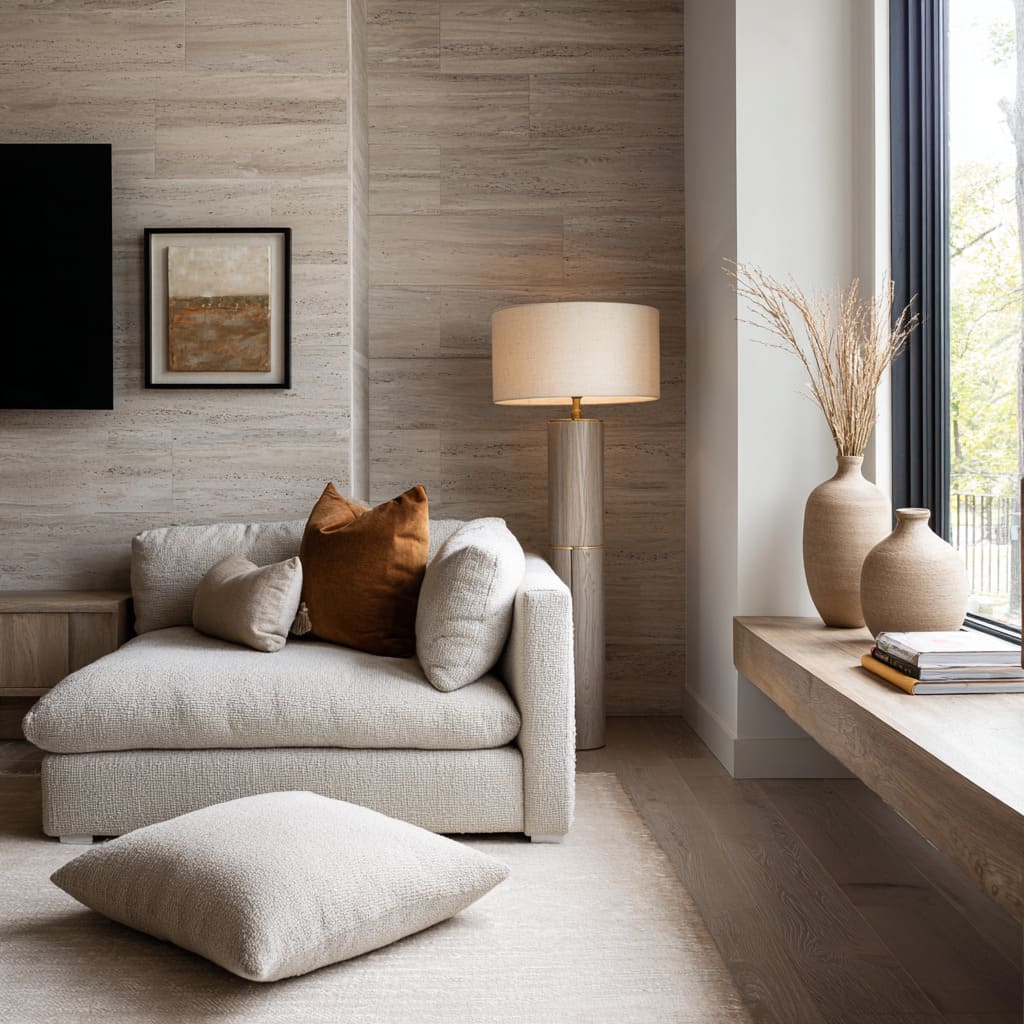 Cozy sand color interior design corner with pale stone plank wall, boucle chaise lounge, rust accent pillow, tall floor lamp
