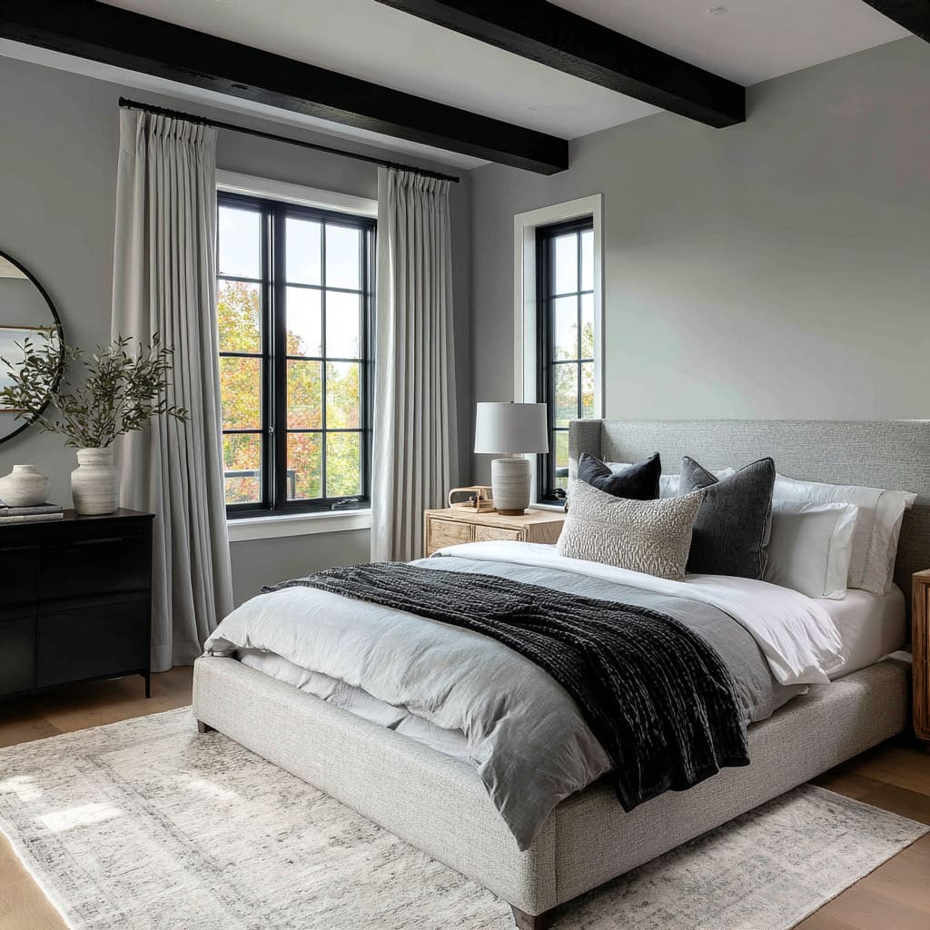Craftsman-style black and silver bedroom design with black ceiling beams, fog-grey walls, light platform bed Craftsman-style black and silver bedroom design with black ceiling beams, fog-grey walls, light platform bed