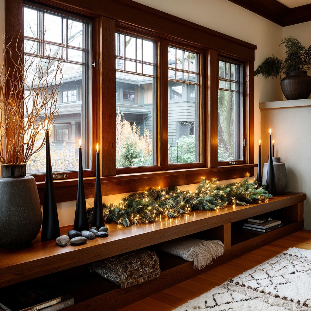 Ventana de estilo Craftsman con guirnalda de abeto, arbolitos cónicos negros, velas largas y ramas, generando un ambiente cálido. Ventana de estilo Craftsman con guirnalda de abeto, arbolitos cónicos negros, velas largas y ramas, generando un ambiente cálido.