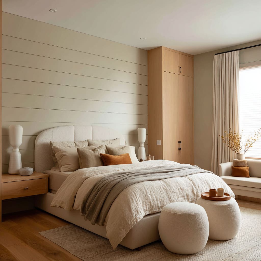Cream-sand bedroom concept with horizontal wall boards, pale oak wardrobes, boucle bed, caramel accent pillow Cream-sand bedroom concept with horizontal wall boards, pale oak wardrobes, boucle bed, caramel accent pillow