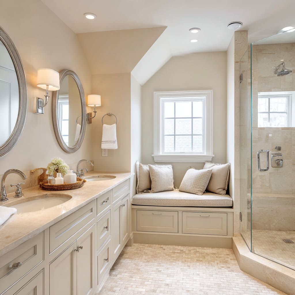 Cream-sand traditional bathroom design with built-in window bench and soft mosaic floor Cream-sand traditional bathroom design with built-in window bench and soft mosaic floor